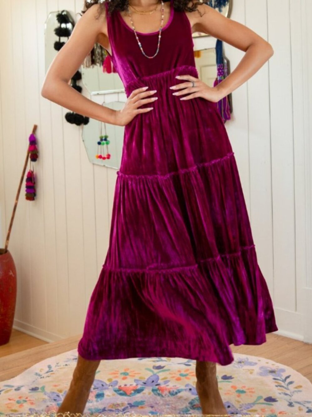 Natural Life Karlie Magenta Sleeveless Tiered Velvet Maxi Dress